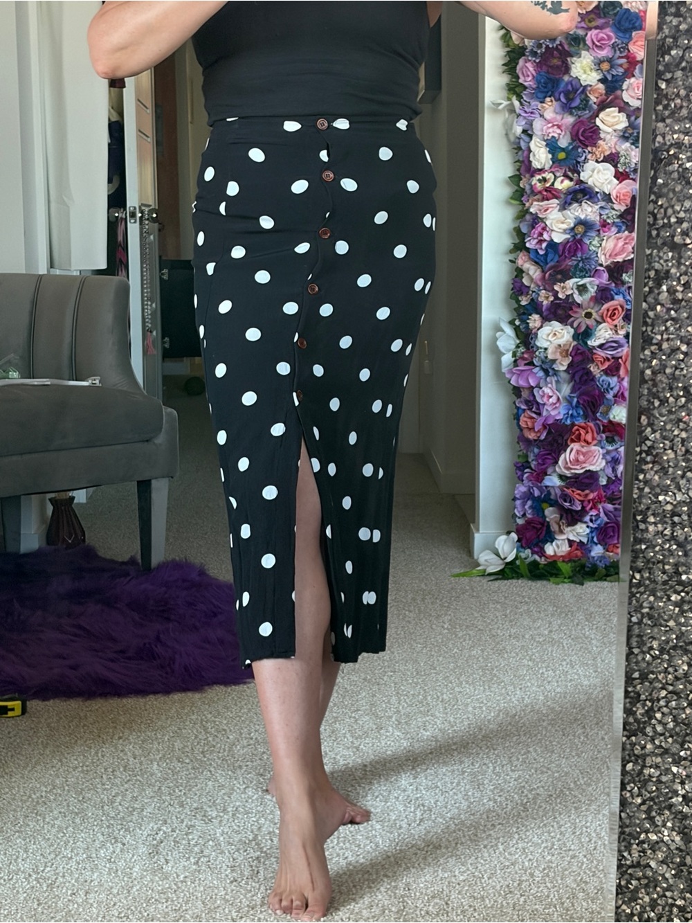 Free People Black Midi Skirt with White Polka Dots and Front Buttons